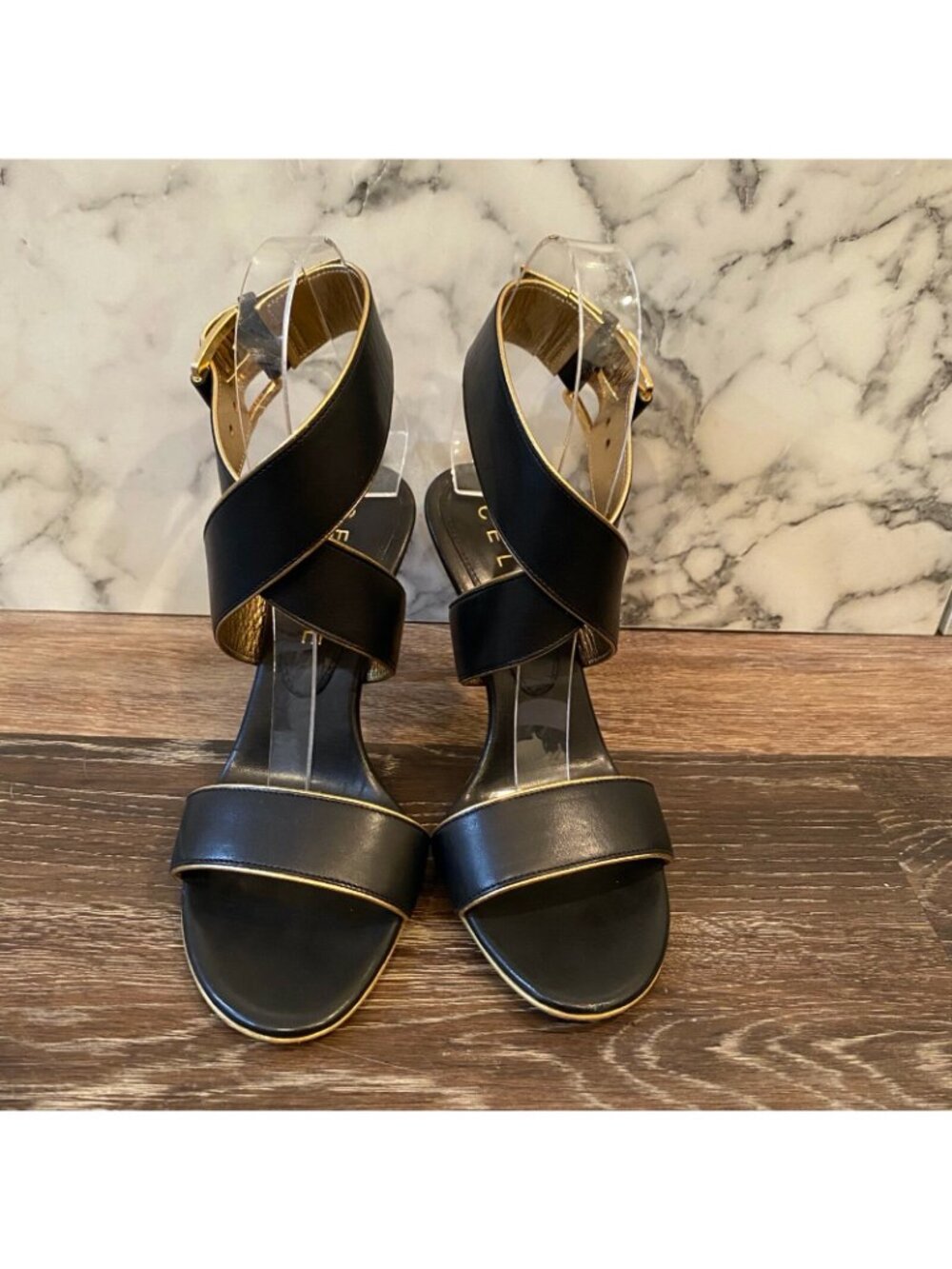 CELINE Black Calfskin Leather & Gold Trim Criss-Cross Open Toe Sandals - US 5 - Picture 4 of 12